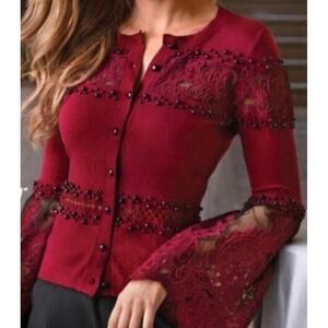 Boston Proper Black Pearl Embellishment Lace Bell‎ Sleeves Red Cardigan Size S
